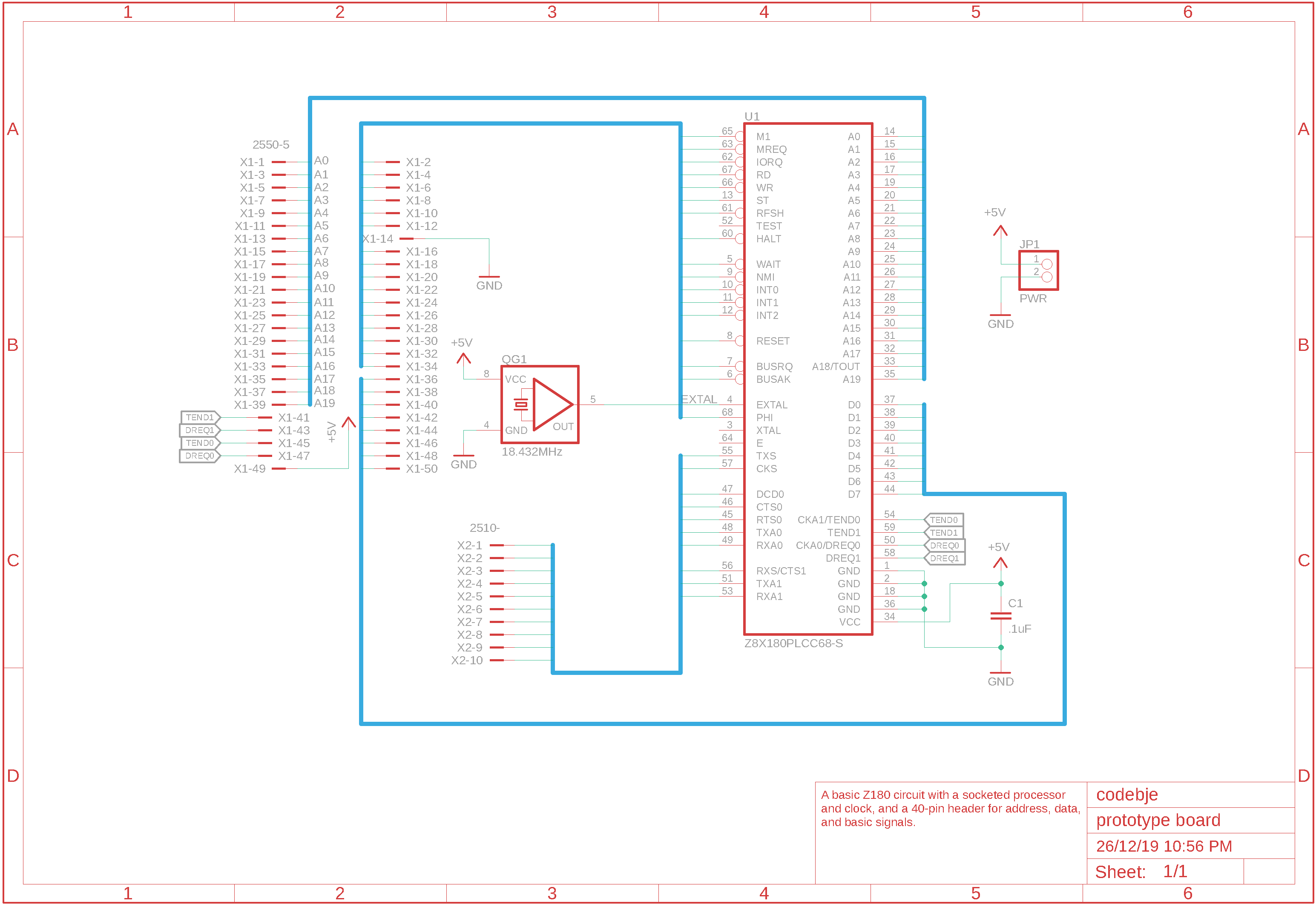 The basic circuit wires the processor to a 50-pin IDC socket and an oscillator.